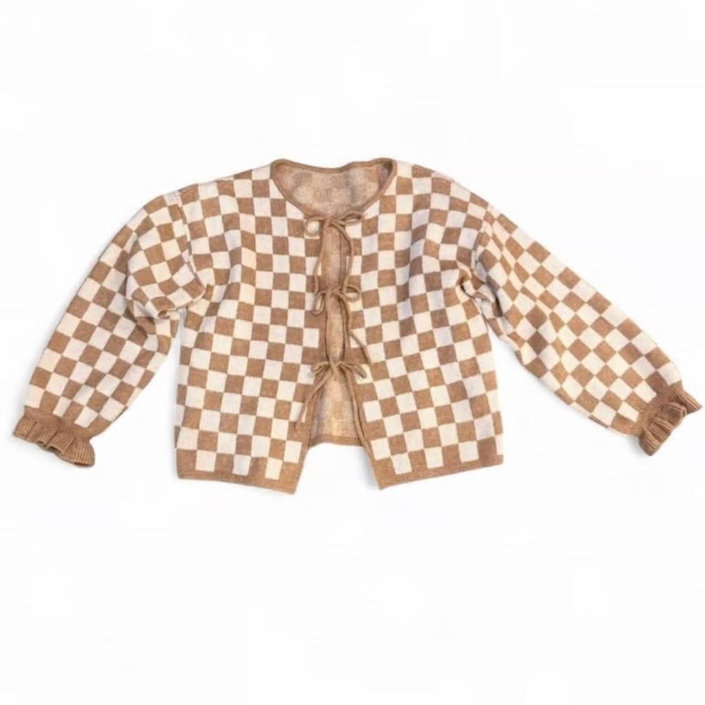 Elegant Brown and Cream Checkered Cardigan